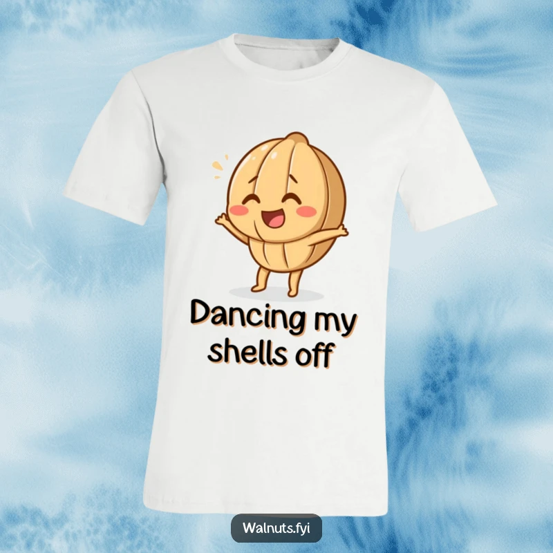 Funny Dancing Walnut T-Shirt with a joyful walnut character captured mid-silly dance move, ideal for casual wear.