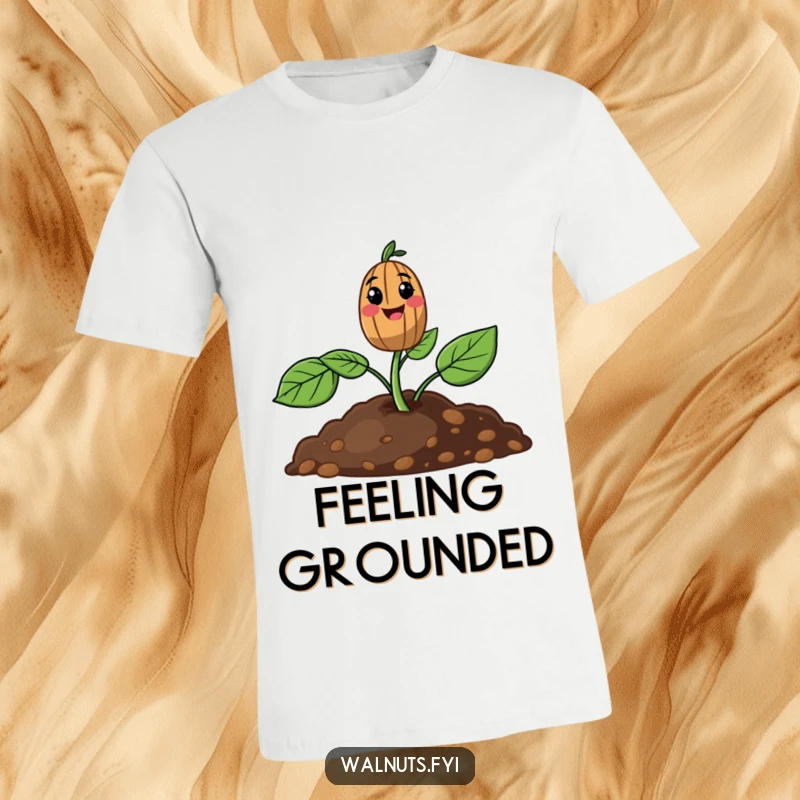 Funny T-Shirt with a smiling walnut sprout emerging from the soil, conveying joy and a love for nature.
