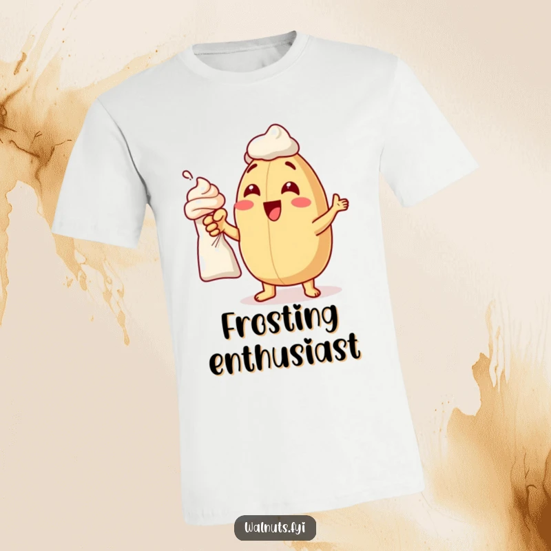 Funny t-shirt featuring a delighted macadamia nut with excitement, pointing directly at a frosting bag.