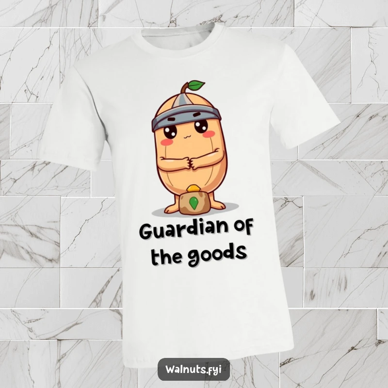 A determined, round Brazil nut character with crossed arms stands guard over a small treasure on this t-shirt.