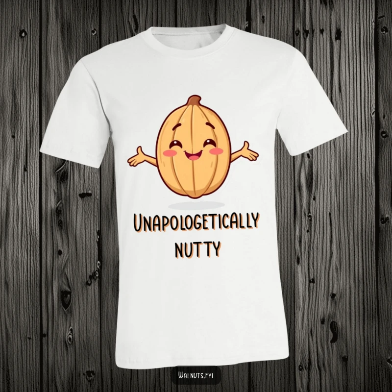 Funny t-shirt depicting a smiling walnut character striking a confident pose with arms widely outstretched, exuding boldness.