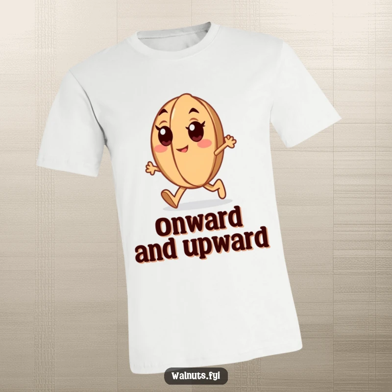 Funny determined walnut t-shirt of a walnut with enthusiastic eyes marching forward with purpose, bold and humorous.