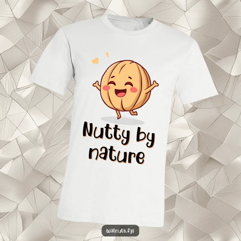 Funny t-shirt featuring a giggling walnut character bouncing with infectious energy and a wide, cheerful grin.