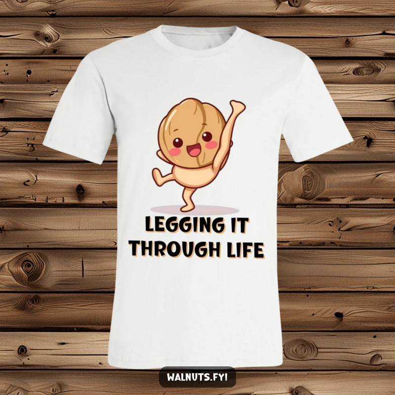 Funny T-Shirt: A happy walnut character executes a cartwheel, proudly displaying its legs.