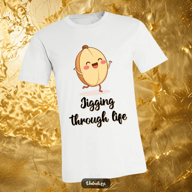 Funny happy walnut t-shirt of a walnut with tiny legs doing a jig, full of movement and pure joy.