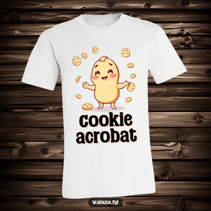 Funny t-shirt featuring a cheerful cashew actively juggling cookie bits with pure delight, celebrating snacks.