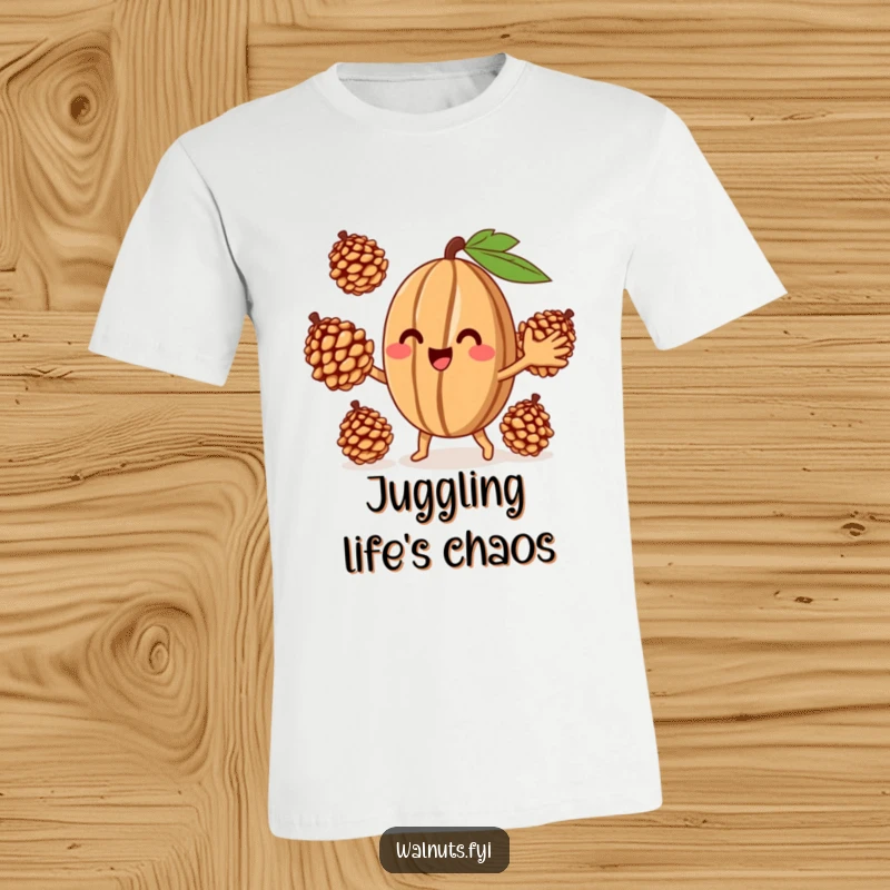Funny Juggling Walnut T-Shirt, a happy walnut with a wide smile juggling three small pinecones, conveying pure fun.