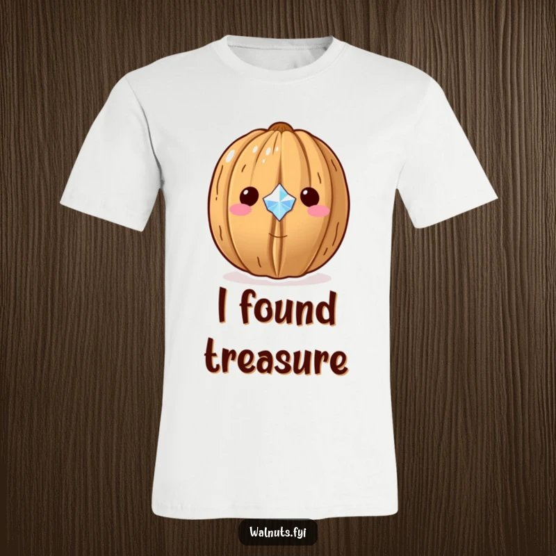 Funny Kawaii walnut t-shirt, depicted proudly showcasing a tiny, sparkling gem with a boastful yet cute demeanor.