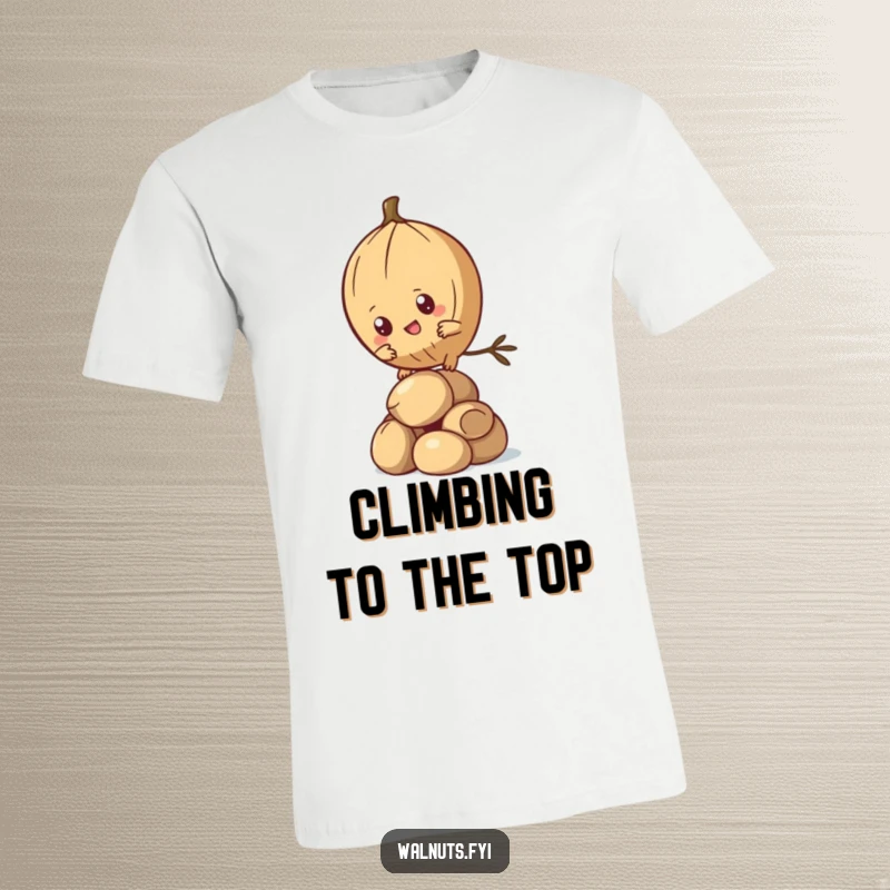 Funny Kawaii Pine Nut T-Shirt with a determined character climbing nuts, showing motivational humor. Perfect funny gift.