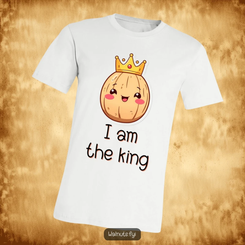Funny Kawaii walnut t-shirt with a smiling walnut character wearing a tiny crown, perfect for regal fun.