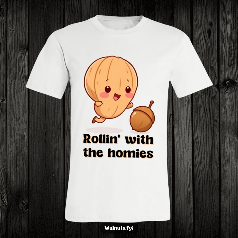 Funny Kawaii walnut t-shirt, depicted in the act of playfully chasing a small rolling acorn with joyous abandon.