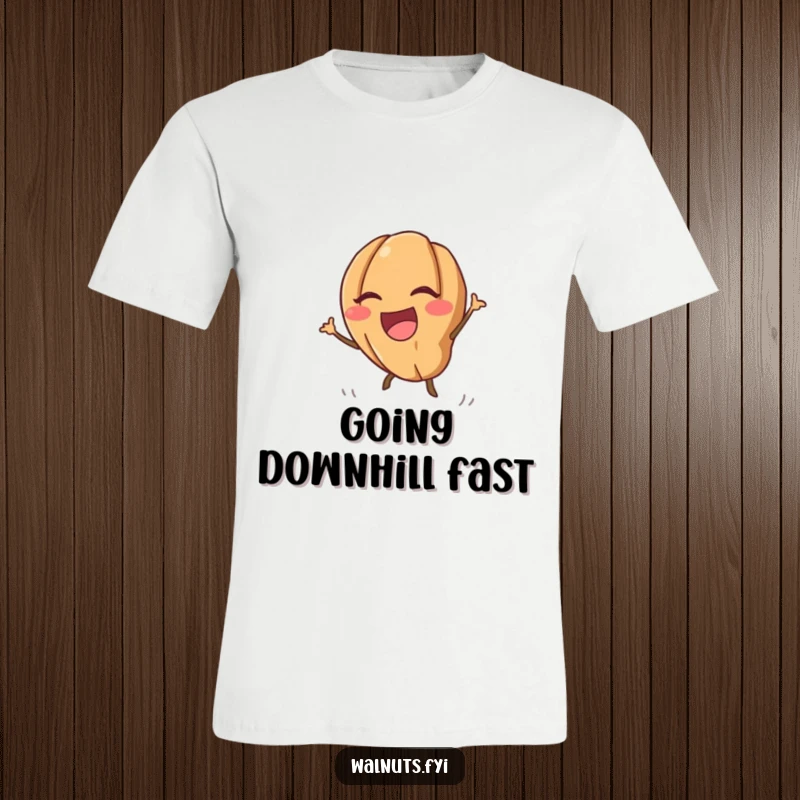 Funny kawaii walnut t-shirt showing a cute walnut laughing as it rolls downhill with energy, a fun apparel choice.