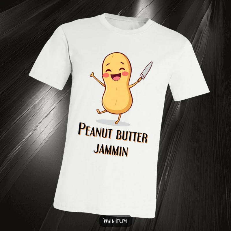 Funny t-shirt showing a joyful peanut performing a dance with a butter knife, celebrating nutty happiness and movement.