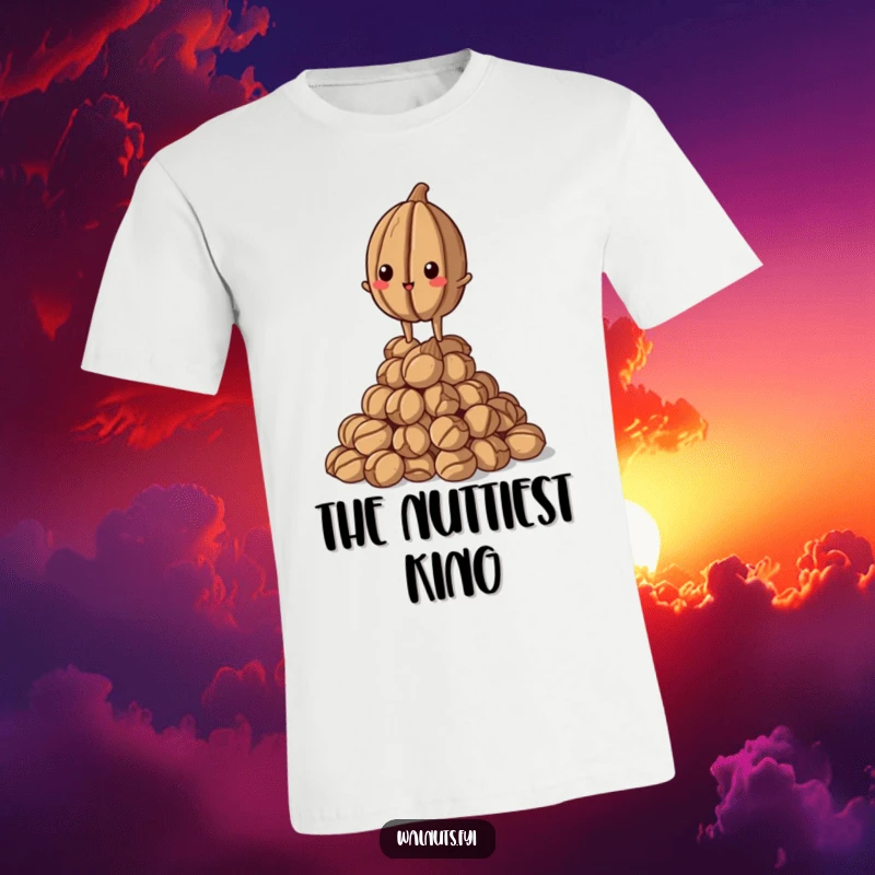 Funny Walnut T-Shirt: Proud walnut standing tall on a pile of others, symbolizing dominance, perfect funny gift.