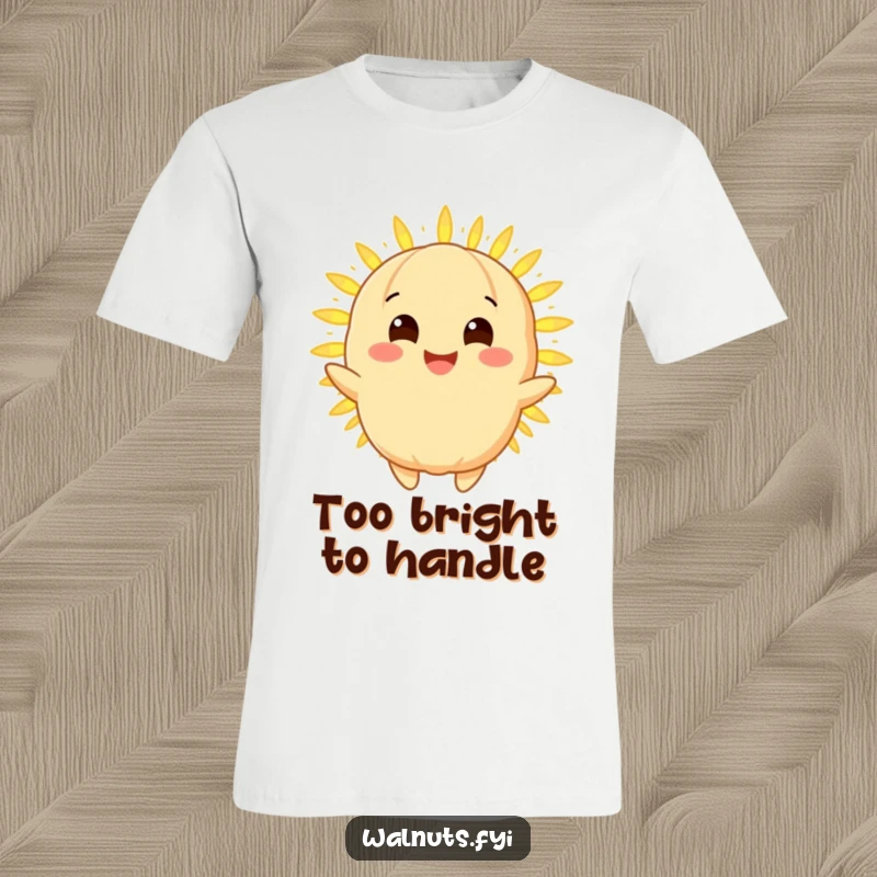 Funny macadamia nut t-shirt featuring a golden character with a bright smile emitting a warm glowing light, perfect funny wear.