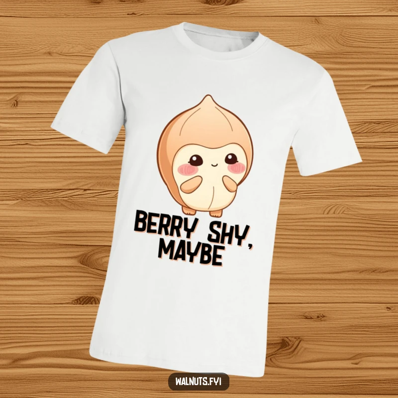 Funny t-shirt featuring a blushing hazelnut shyly presenting a small berry with a bashful, sweet smile.