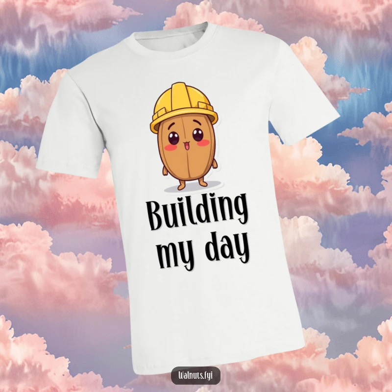 Funny T-Shirt: A startled walnut character sports a tiny construction hard hat while gazing upwards.