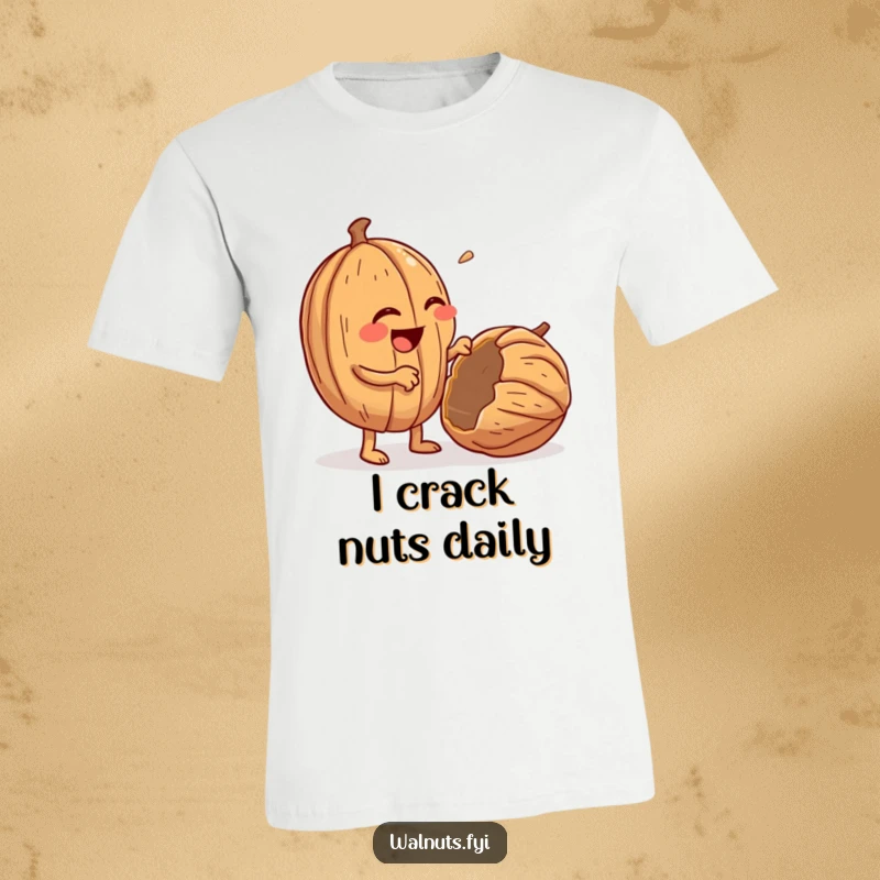 Funny t-shirt depicting a giggling, anthropomorphic walnut with tiny arms enthusiastically breaking open a walnut.