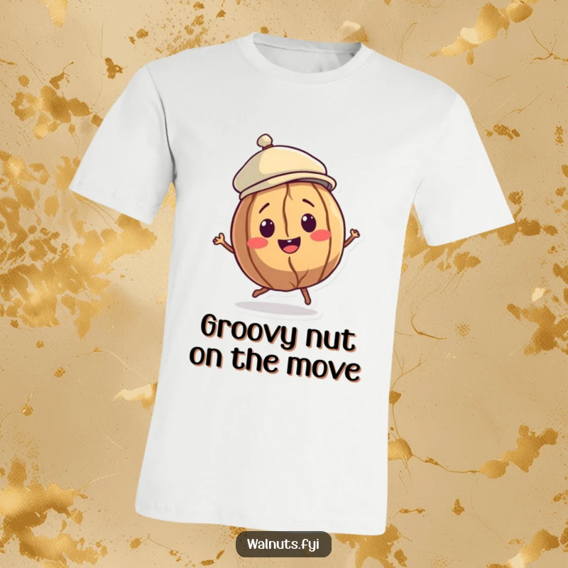 Funny Walnut Dancer T-Shirt depicting a smiling walnut character in a jaunty cap, captured in a delightful little spin.