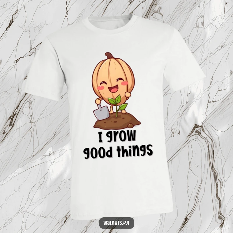 Funny Walnut Planting Sprout T-Shirt, a grinning walnut using a small shovel to plant a tiny sprout, nature humor.