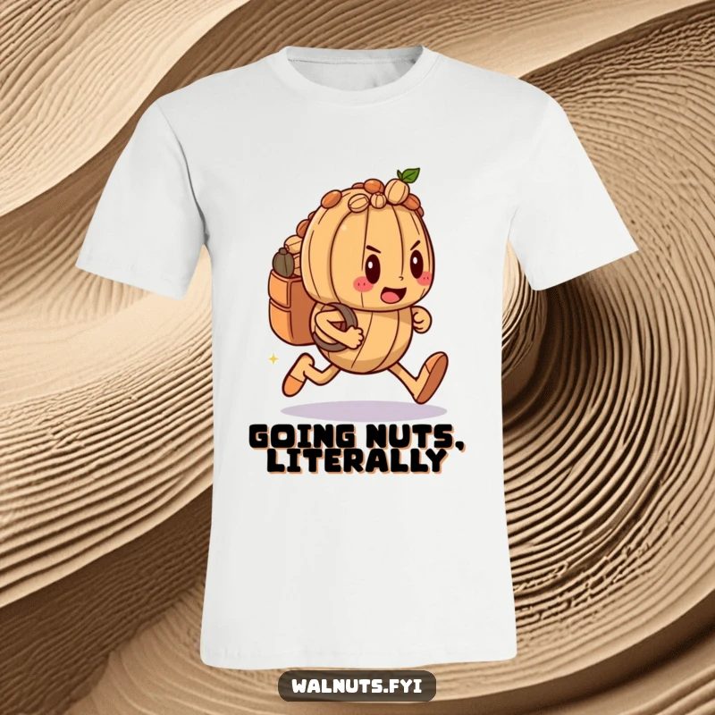 Funny t-shirt showing a determined walnut character sprinting with a nut-filled backpack, embodying hustle and ambition.