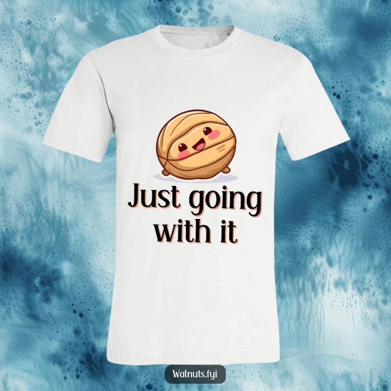Funny t-shirt showing a playful walnut with a joyful expression as it slides down a smooth surface with glee.