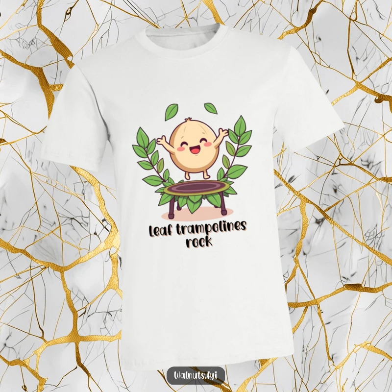 Funny t-shirt featuring a happy, round walnut character leaping high on a trampoline constructed from vibrant leaves.