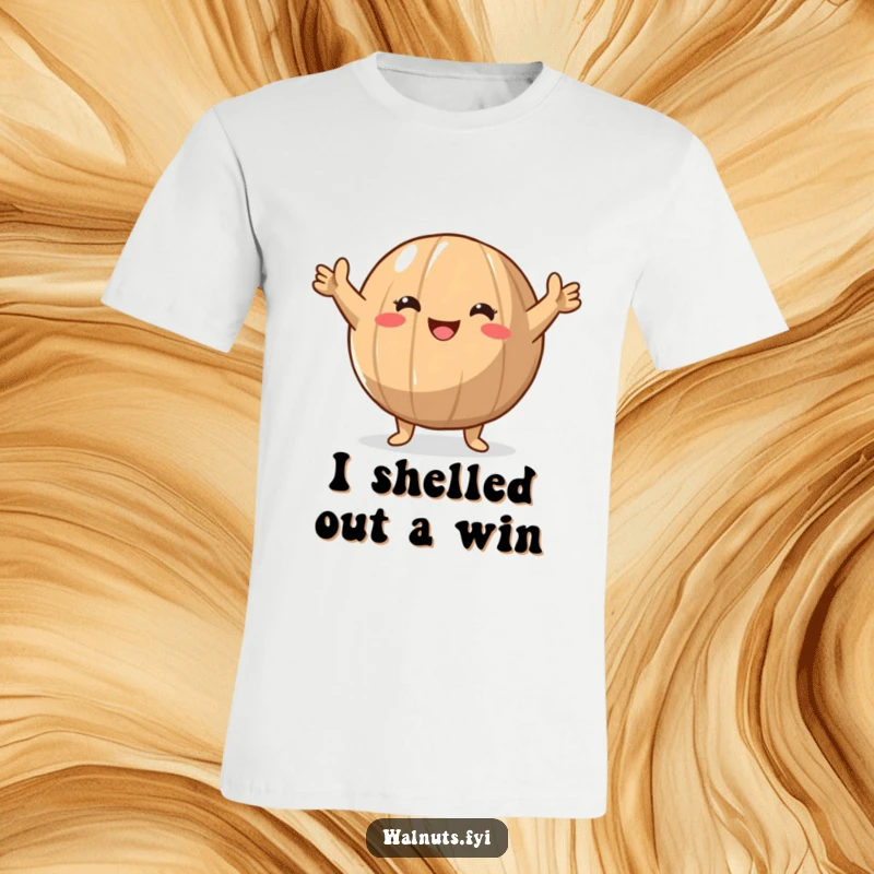 Funny Walnut Victory T-Shirt depicting a round walnut character in a triumphant pose, arms raised high in a gesture of pure winning joy.