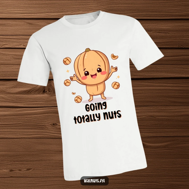 Funny happy walnut character juggling multiple small walnut pieces with joy, a humorous t-shirt for laugh lovers.