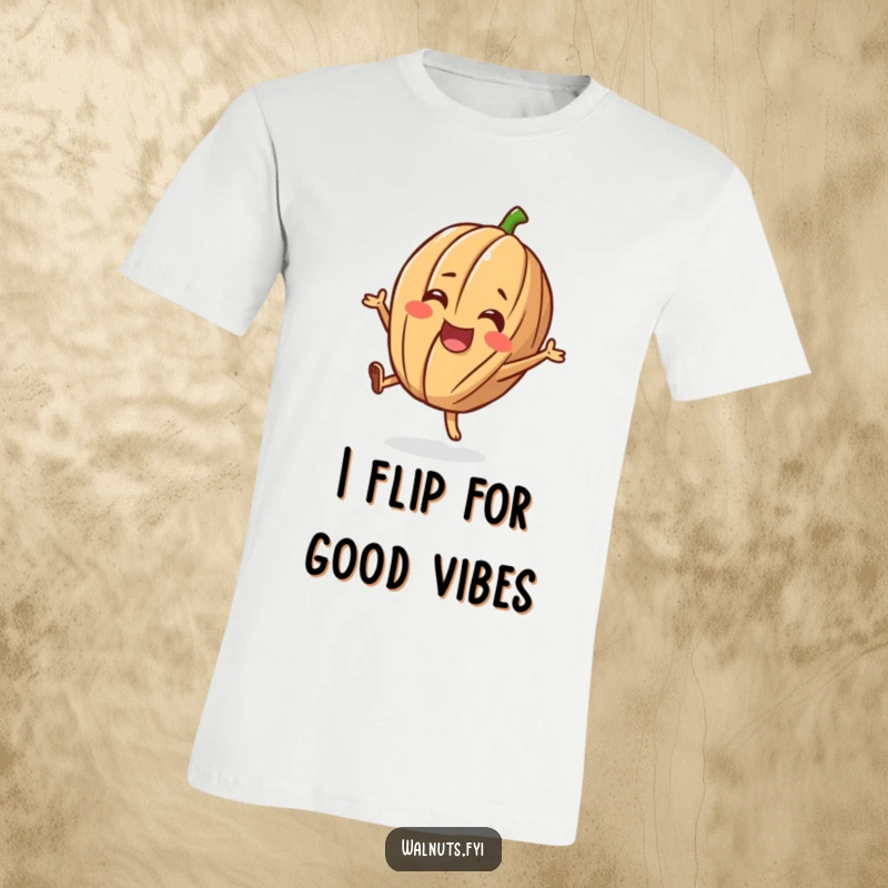 Funny t-shirt featuring a cheerful walnut character doing a happy flip, a playful and humorous design.