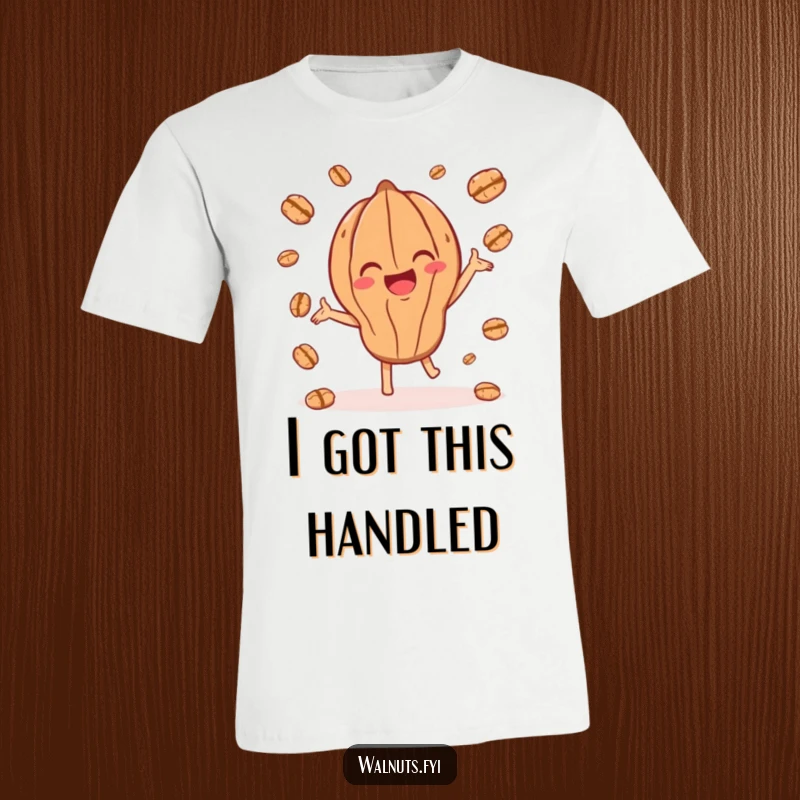 Funny t-shirt illustrating a joyful walnut character in the midst of playfully juggling smaller walnut pieces.