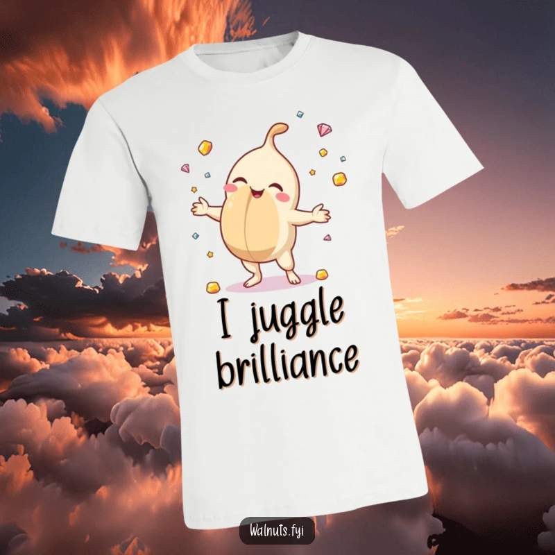 Funny T-shirt featuring a happy macadamia nut juggling colorful gemstones with pure delight, showcasing a love for sparkle and fun.