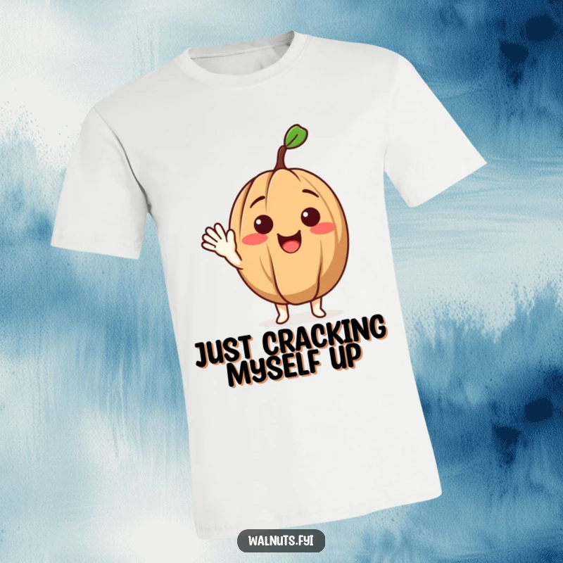 Funny t-shirt with a delighted walnut character giving a warm, friendly wave, ideal for casual and humorous wear.