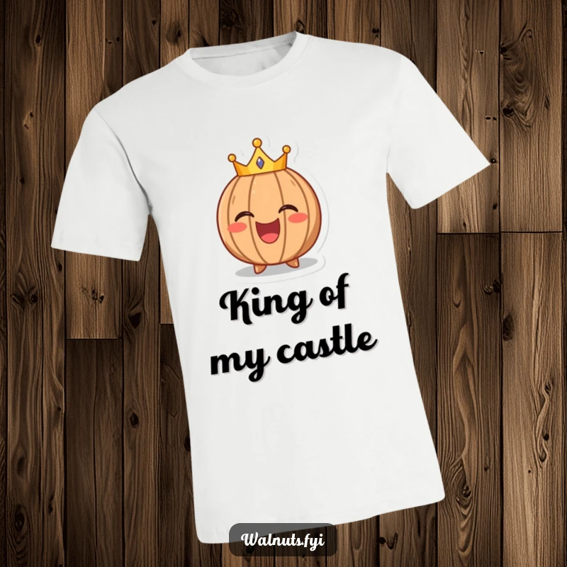 Funny t-shirt with a laughing walnut character wearing a tiny crown, celebrating joy and a touch of playful royalty.