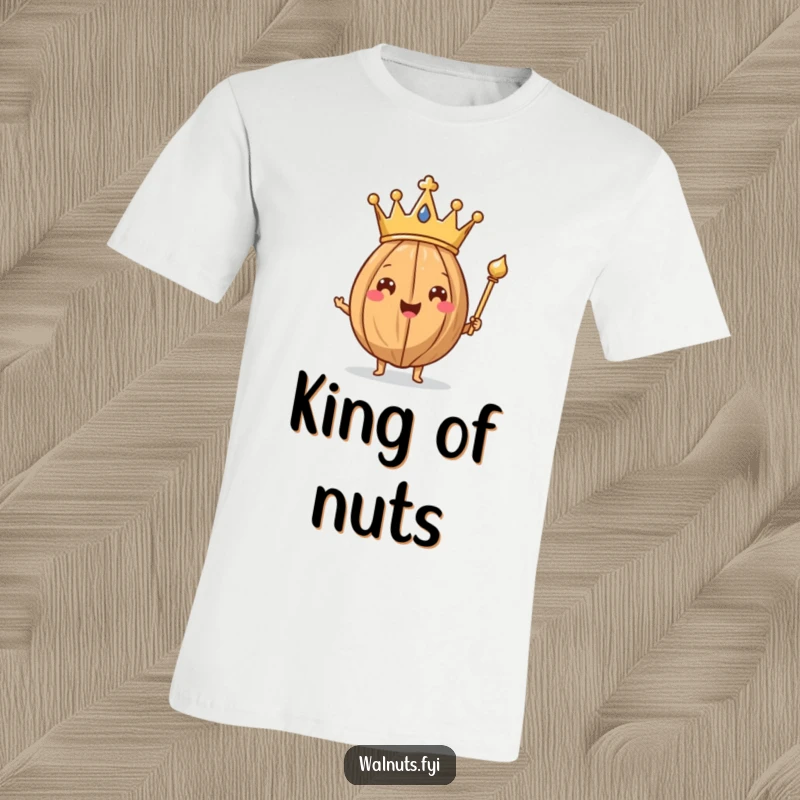 Funny Walnut King T-Shirt featuring a happy walnut wearing a crown and holding a scepter, exuding authority.