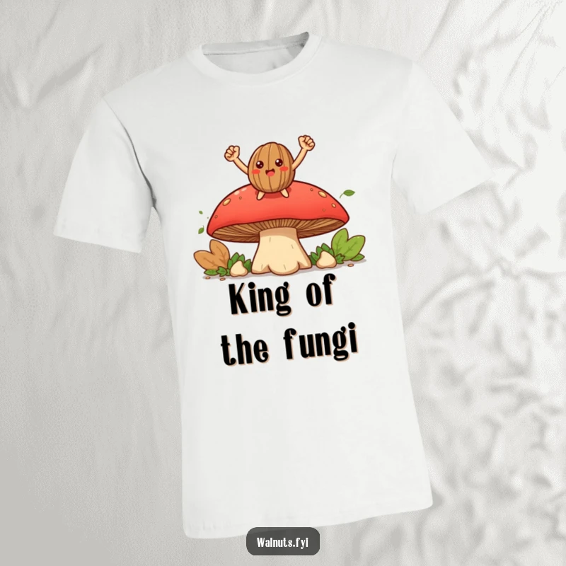 Funny smiling walnut character standing triumphantly on a large mushroom, printed on a celebratory, humorous t-shirt.