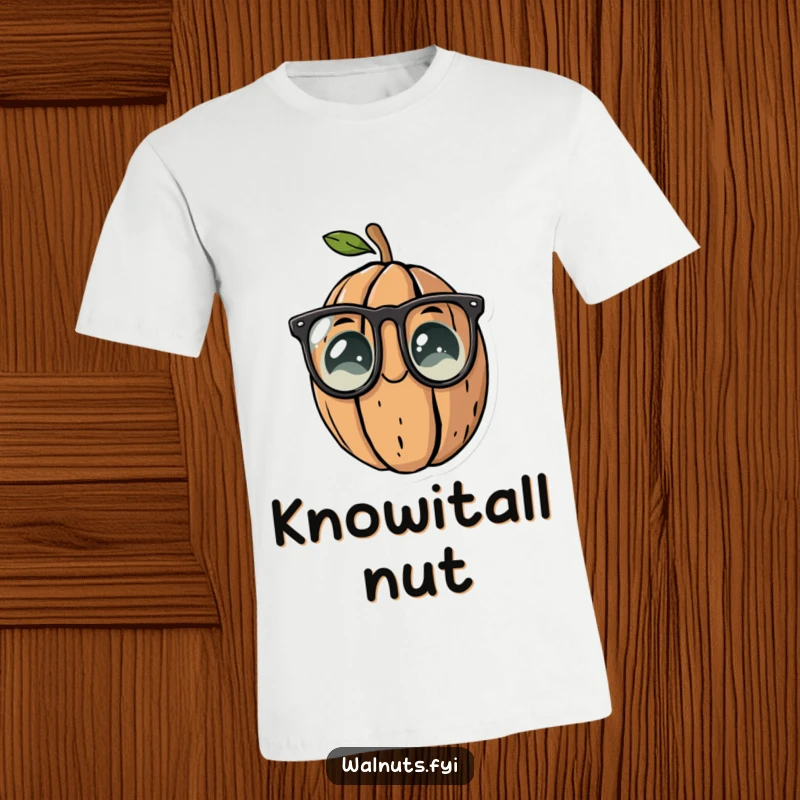 Funny t-shirt featuring a walnut character wearing reading glasses, symbolizing wisdom and playful humor.