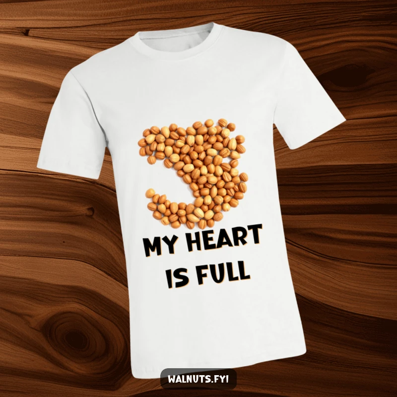 Funny t-shirt featuring a heart shape formed by various nuts, expressing love and humor.