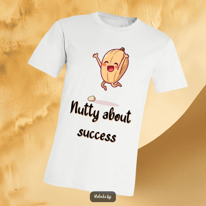 Funny t-shirt featuring a jubilant anthropomorphic walnut executing a triumphant mid-air jump, symbolizing success after a challenging climb.