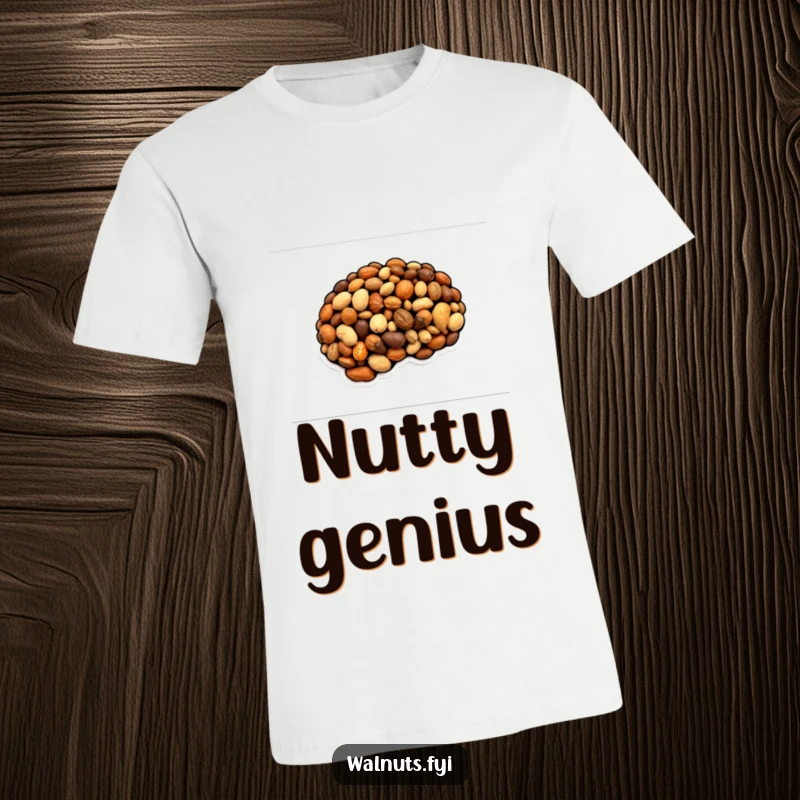Funny T-shirt featuring a brain crafted from assorted nuts, representing sharp intellect and quirky humor, a perfect funny gift.