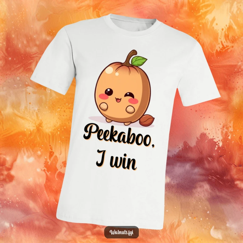 Funny chestnut t-shirt with a brown character giggling mischievously while hiding behind a big nut, ideal for playful wear.
