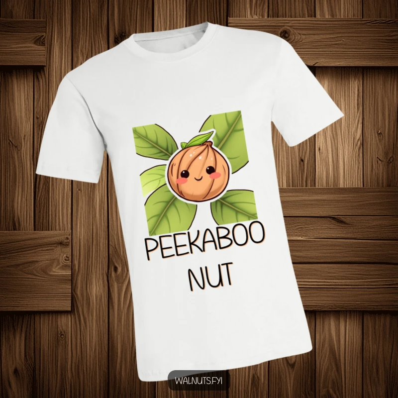 Funny T-Shirt depicting a blushing walnut character shyly peeking out from behind a large leaf.