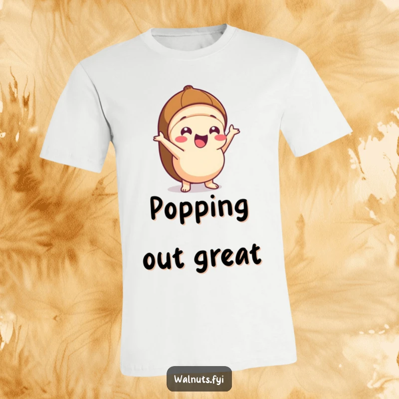Funny Kawaii hazelnut t-shirt showing an excited character making a dynamic pop out of its shell, conveying pure energy.