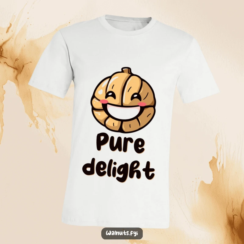 Funny T-shirt showcasing a stylized walnut bursting into a joyful smile, conveying infectious happiness, an ideal funny gift.