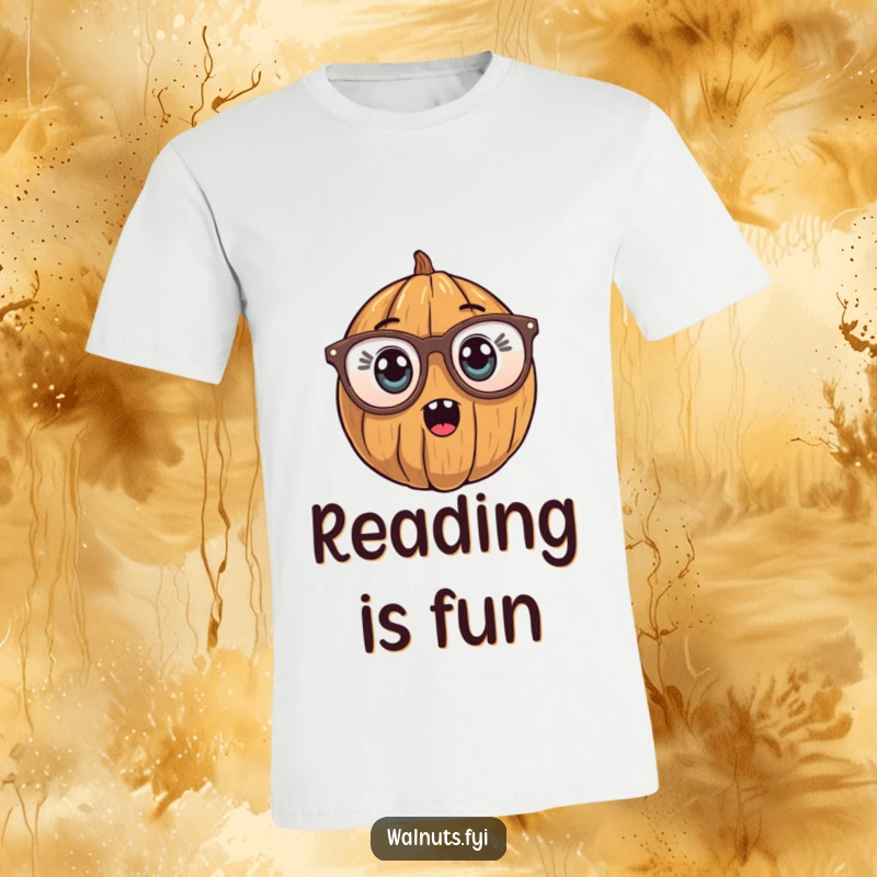 Funny T-Shirt showcasing a walnut character wearing comically large reading glasses, eyes wide with surprise and amusement.