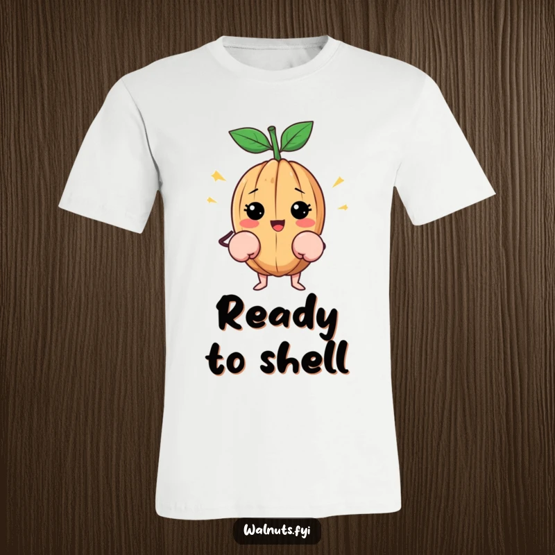 Funny Walnut T-Shirt: Happy walnut wearing tiny boxing gloves, ready to fight, ideal funny gift.