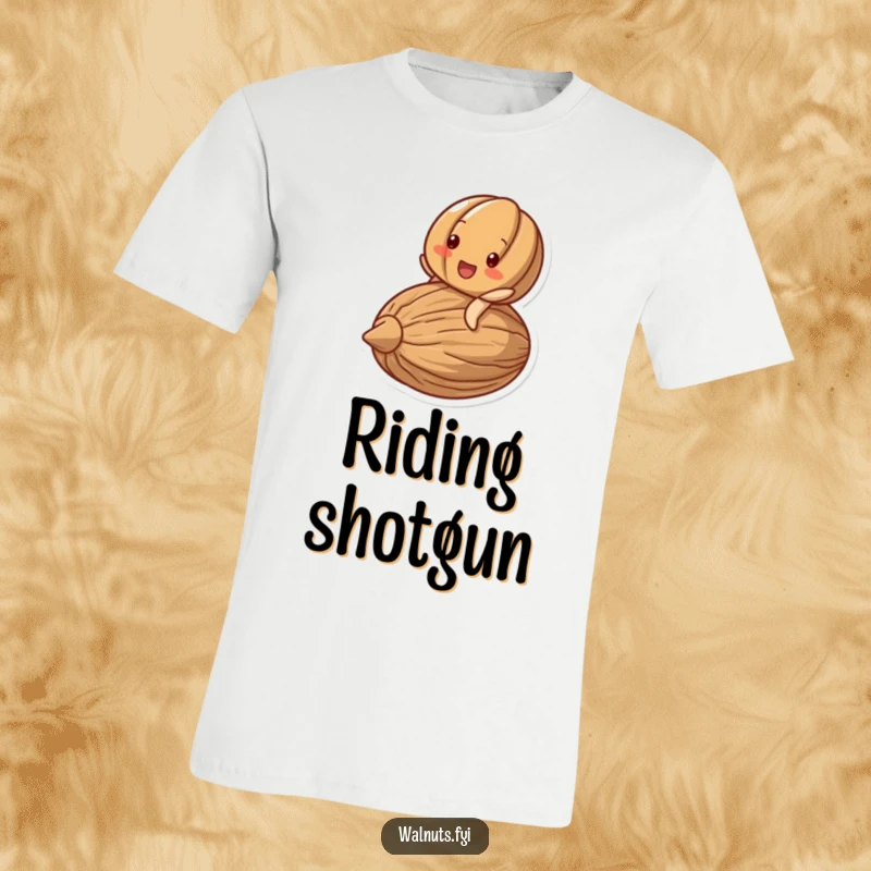 Funny T-Shirt: A delighted walnut character rides happily on the back of a large, stylized nut.