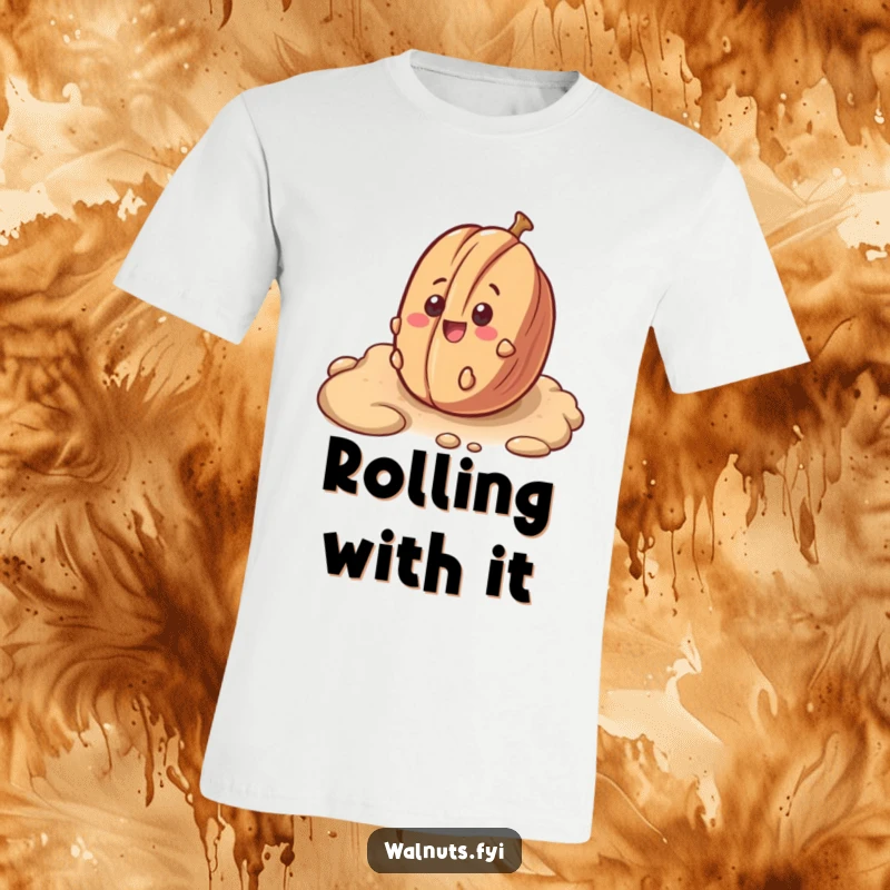 Funny t-shirt featuring a surprised pecan with a smile, joyfully rolling down an uneven path.