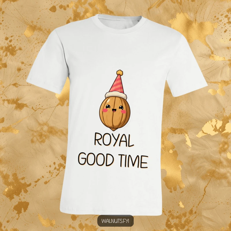 Funny T-Shirt showcasing a grinning walnut sporting a brightly colored, slightly crooked party hat, exuding pure party fun.