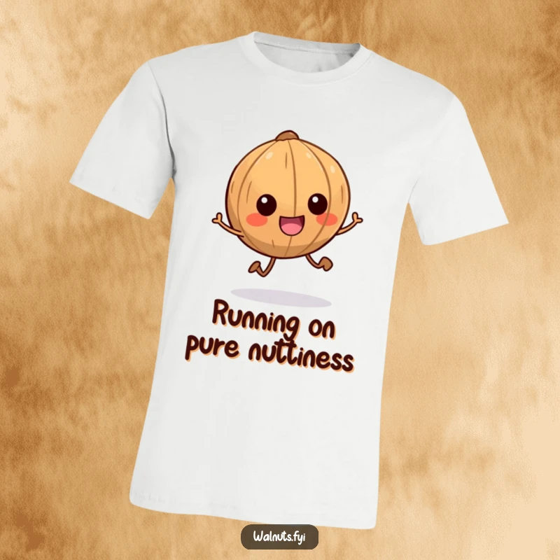 Funny t-shirt with a smiling walnut character with tiny legs running energetically, a playful and humorous design.